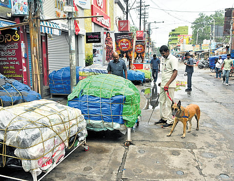 Bomb disposal squad combs Besant Road in Vijayawada for explosive material after receiving a threatening call on Saturday 