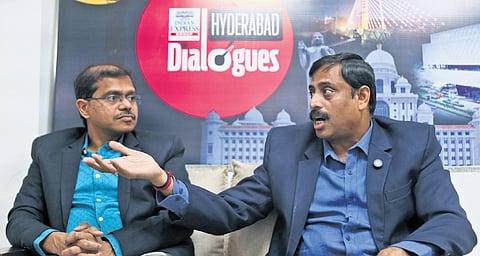 K Srinivasa Raju and Dr Nagendra Babu Samineni of Unistring Tech Solutions interact with the TNIE team during the Hyderabad Dialogues 