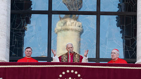 Pope Leo XIV appears from the balcony at the Basilica of St. Mary Major to take possession of the last of the four major papal basilicas that completes the symbolic and liturgical "taking possession" of the four basilicas that signify full papal authority within Rome, in Rome, Sunday, May 25, 2025. 