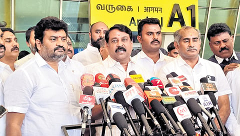 BJP leader Nainar Nagenthran talking to reporters in Coimbatore 