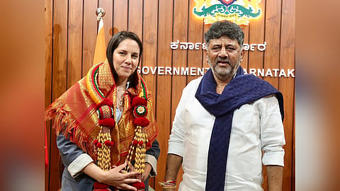 Deputy Chief Minister DK Shivakumar greets Israel’s Deputy Consul General in South India Inbal Stone at Vidhana Soudha in Bengaluru on Tuesday. She invited him to the Israeli Independence Day celebrations to be held on June 5  