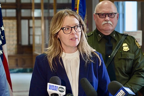 Acting US Attorney Lisa D. Kirkpatrick spoke to reporters following the sentencing of Harshkumar Ramanlal Patel and Steve Antony Shand, who were convicted on human smuggling charge related to the 2022 deaths of an Indian family who froze while crossing into the US from Canada, on Wednesday, May 28, 2025, in Fergus Falls, Minn.
