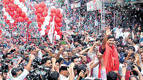 LDF candidate M Swaraj receives a warm welcome at Nilambur on Saturday.