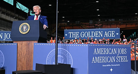 US President Donald Trump speaks during a visit to US Steel - Irvin Works in West Mifflin, Pennsylvania, May 30, 2025, to mark the deal between Nippon Steel and US Steel. 
