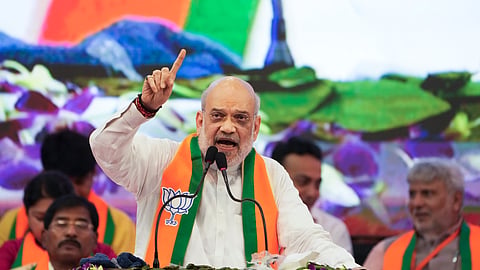 Union Home Minister and senior BJP leader Amit Shah addressing an organisational meeting of the party at Netaji Indoor Stadium in Kolkata on June 1, 2025. 