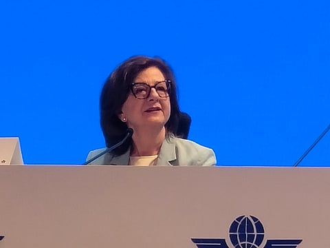 Senior Vice President of Sustainability and Chief Economist Marie Owen Thomsen, speaking to press persons during the IATA annual general meeting on Monday. 
