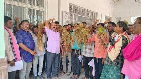Farmers staging protest at the Bargarh collector's office on June 2, 2025.