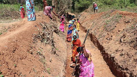 NREGA staff clearing tree remnants; though they are engaged in taxing physical labour, they are not paid on time.
