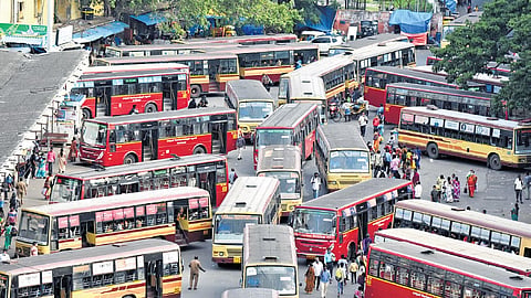 MTC buses seen moving back to back for service at Broadway bus terminus in Chennai. 