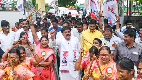 Civil supplies minister Nadendla Manohar, Vijayawada MP Kesineni Sivanath and Vijayawada East constituency MLA Gadde Ramohan take part in Peeda Veragadai Yedadi program at ISKCON temple in Vijayawada on Wednesday.