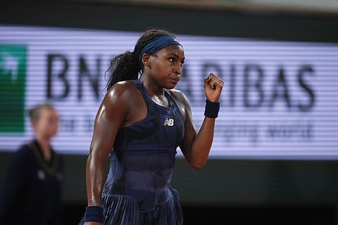 Coco Gauff of the U.S. reacts as she plays against France's Lois Boisson during their semifinal match of the French Tennis Open at the Roland-Garros stadium in Paris, Thursday, June 5, 2025.