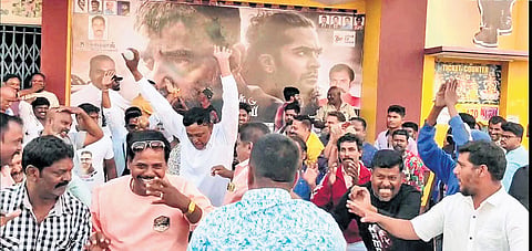 Fans celebrating the premiere of Haasan’s Thug Life at a  Hosur theatre 