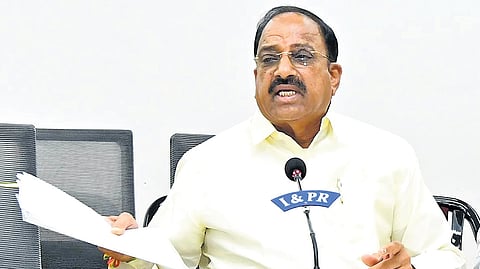 Agriculture Minister Thumalla Nageswara Rao speaks to media at the state Secretariat in Hyderabad on Saturday