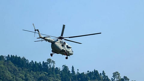 A special helicopter sortie underway for air evacuation of stranded persons at Chaten in Lachen, Sikkim on Sunday, June 8, 2025. 