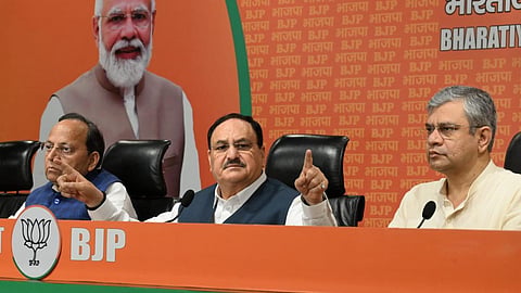 BJP president J.P. Nadda addresses the media on the completion of 11 years of BJP government at BJP Headquarters in New Delhi on June 9, 2025. 