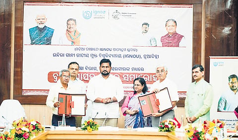 Higher Education minister Suryabanshi Suraj and IGNOU V-C Uma Kanjilal along with officials after signing of the MoU on Monday 