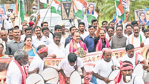 TPCC chief Mahesh Kumar Goud participates in the ‘Jai Bapu, Jai Bhim, Jai Samvidhan’ rally in Hyderabad on Tuesday
