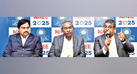 (From R) ACMEE  2025 Chairman PS Ramesh, AIEMA President RSS Satish Babu and ACMEE  2025 Convener G Venu during a press meet on Monday announcing the 16th International Machine Tools Expo to be held in Chennai 