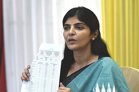 Mahila Commission Chairperson Sailaja addressing the media. 
