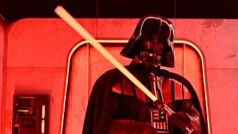 FILE - A Darth Vader costumed character poses at the Hasbro and Amazon Star Wars interactive Imperial March experience at the Empire State Building on Thursday, March 21, 2024, in New York.