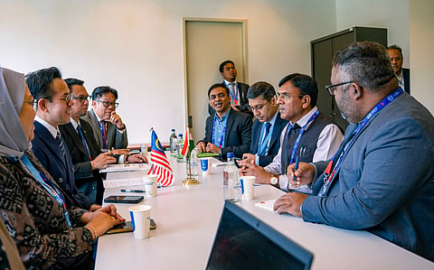 In this image released by @mansukhmandviya via X on June 11, 2025, Union Minister Mansukh Mandaviya during bilateral meetings with counterparts from Mauritius, South Africa, and Malaysia on the sidelines of the International Labour Conference, Geneva, Switzerland. 