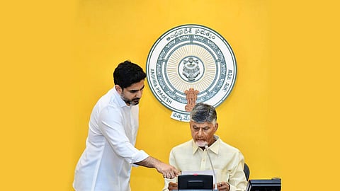 IT and HRD Minister Nara Lokesh alongside Andhra Pradesh Chief Minister Chandrababu Naidu.