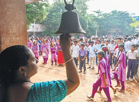 Students getting ready for morning prayer on the first day of a new academic year at a school in Vijayawada on Thursday 