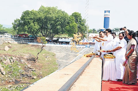 Chief Minister MK Stalin releases water for irrigation from the Stanley Reservoir at Mettur in Salem on Thursday 