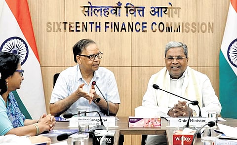 Chief Minister Siddaramaiah with the 16th Finance Commission Chairperson Arvind Panagariya and other members during a meeting in New Delhi on Friday  