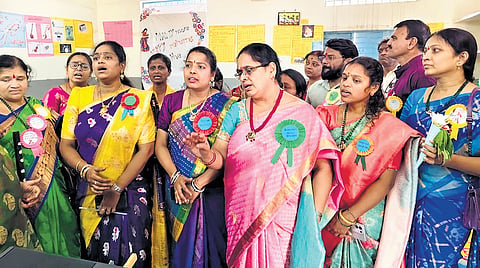 Participants of the special summer music course at a training session in Hanamkonda