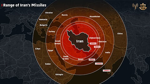 Image of map posted by IDF on X to show the range of Iranian missiles.