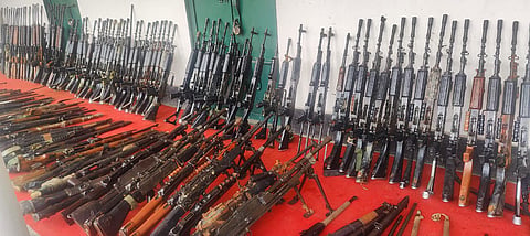 Altogether 328 weapons were recovered – SLR 151, INSAS 65, rifles of other kinds 73, carbines 5, MP5 2, LMG 12, AK series rifles 6, Amogh rifles 2, mortar 1, pistols 6, barrels 2, AR15 gun 1 and flare guns 2. 