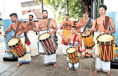 Vasudevan Marar performing Panchari Melam at the reception for Vaishnavite saint Bhakti Ballabh Tirtha Goswami Maharaj in Kochi on Saturday 