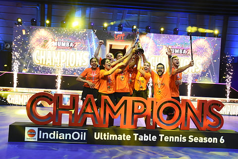 U Mumba TT players rejoice after clinching the sixth edition of the Ultimate Table Tennis in Ahmedabad on Sunday