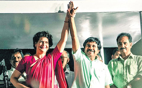 Congress leader Priyanka Gandhi campaigns for UDF candidate Aryadan Shoukath 
in Nilambur on Sunday 