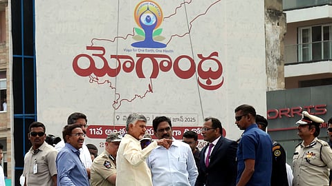 Chief Minister Nara Chandrababu Naidu inspecting the venues at RK Beach on Monday ahead of the International Yoga Day celebrations scheduled to be held in Visakhapatnam on June 21. 