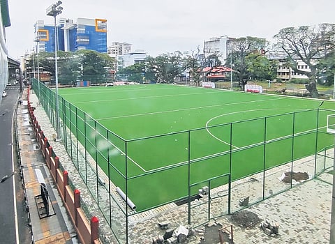 The new synthetic hockey turf at Maharaja’s College ground 