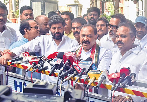 TPCC president B Mahesh Kumar Goud addresses the media after appearing as a witness before the SIT probing the alleged phone-tapping case at the Jubilee Hills police station in Hyderabad on Tuesday 