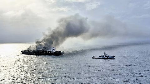 Coast Guard vessel dousing the fire raging in MV Wan Hai 503 on Thursday 