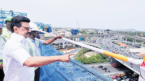 CM Stalin inspects metro rail construction work at the Kathipara junction