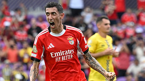 Benfica's Angel Di Maria celebrates after scoring a penalty, his side's first goal, during the Club World Cup Group C soccer match between Benfica and Auckland City in Orlando, Fla., Friday, June 20, 2025. 