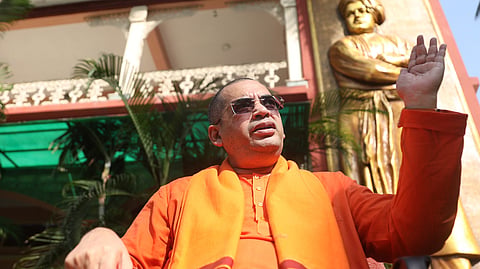 Swami Bodhamayananda, Director of Vivekananda Institute of Human Excellence gestures while interacting with TNIE. 