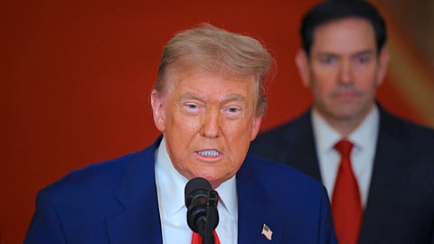  US President Donald Trump addresses the nation, alongside US Secretary of State Marco Rubio (R) from the White House in Washington, DC on June 21, 2025, following the announcement that the US bombed nuclear sites in Iran. 