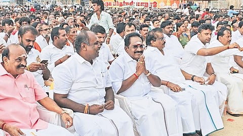 AIADMK leaders attending the Hindu Munnani’s Murugan conference in Madurai on Sunday 