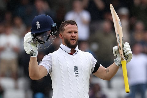 England's Ben Duckett celebrates his century on Day 5 of the first Test against India 