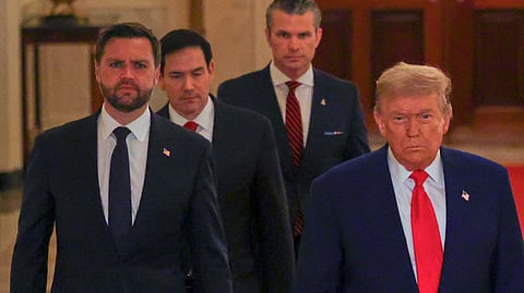US President Donald Trump arrives with Vice President JD Vance, Secretary of State Marco Rubio and Defense Secretary Pete Hegseth to speak from the East Room of the White House in Washington, Saturday, June 21, 2025, after the US military attacked Iranian nuclear and military sites. 