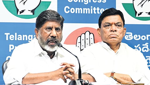 Deputy Chief Minister Mallu Bhatti VIkramarka addresses the media at 
Gandhi Bhavan in Hyderabad on Tuesday