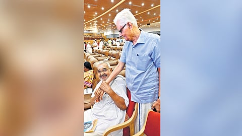 Former legislators C Haridas and T K Hamza interact during the ‘Peythozhiyunna Ormakal’ programme on Tuesday 