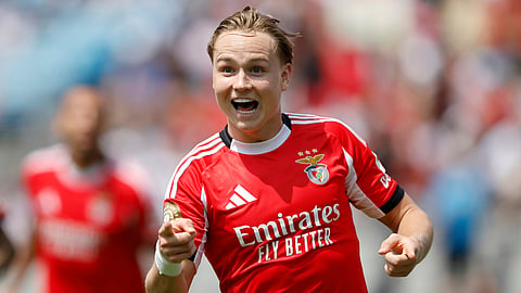 Benfica's Andreas Schjelderup celebrates after scoring during the Club World Cup Group C soccer match between Benfica and Bayern Munich in Charlotte, N.C., Tuesday, June 24, 2025.