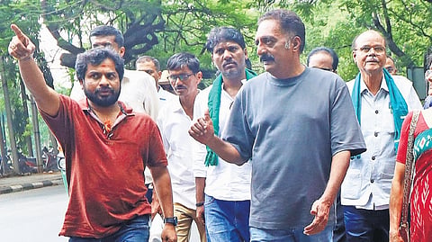 Actor Prakash Raj and other activists head to meet Chief Minister Siddaramaiah at his residence, to discuss the land acquisition issue in Channarayapatna near Devanahalli, in Bengaluru on Thursday 